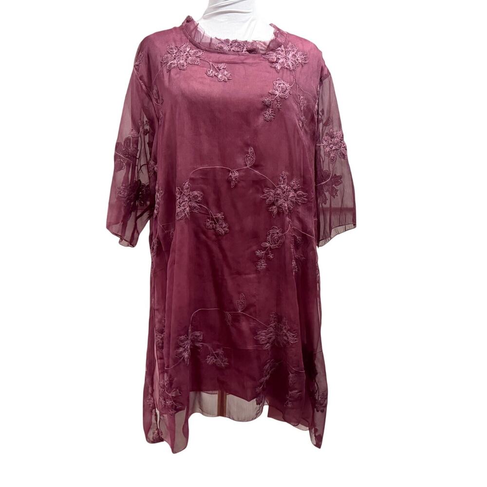 Simply Couture Mauve Pink Sheer Floral Embroidered Mini Dress Flowy Fairy Whimsi